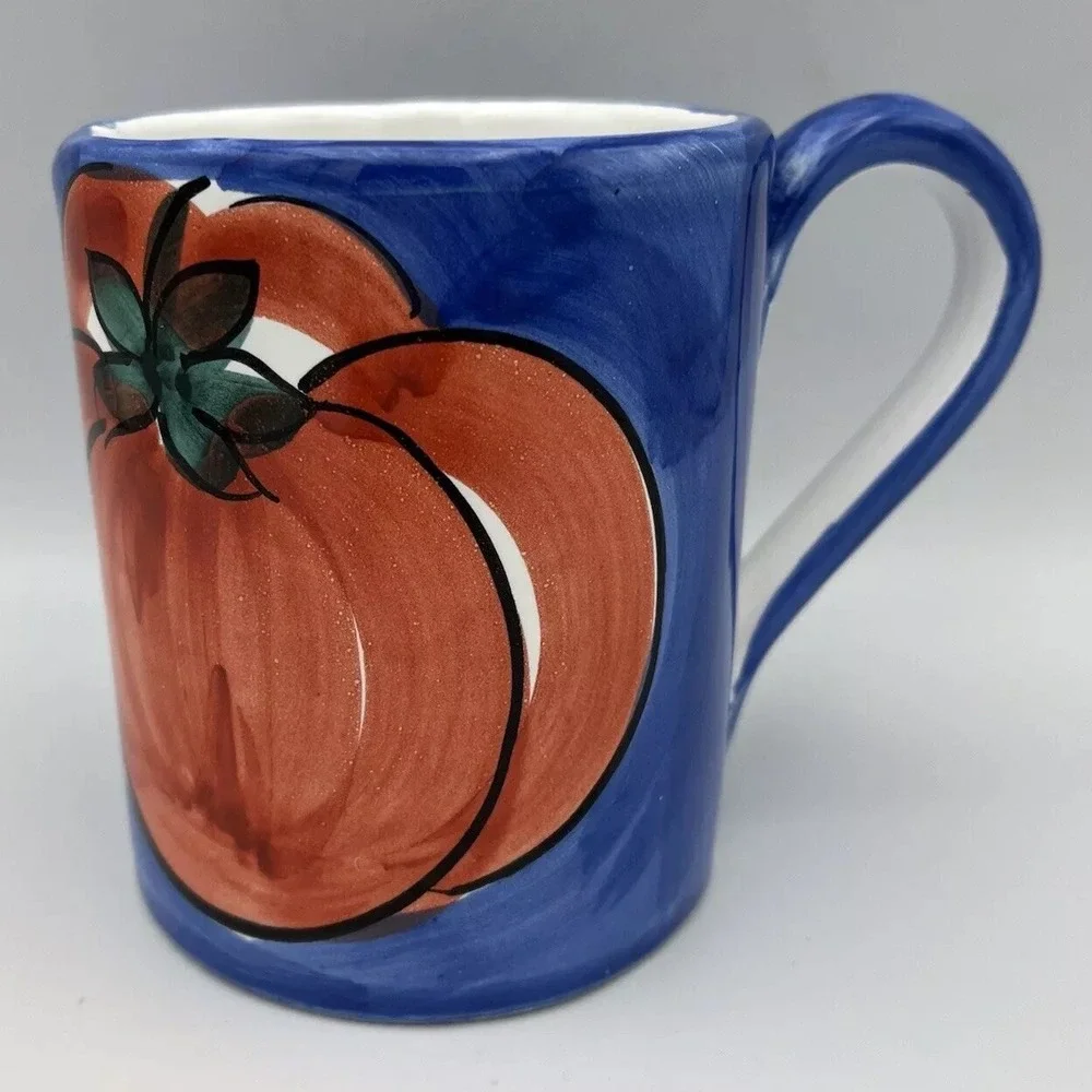 2 Pier 1 Set Garden Herb Mugs Handpaint Whimsy Carrot Pumpkin Veggie Fruit 12 Oz